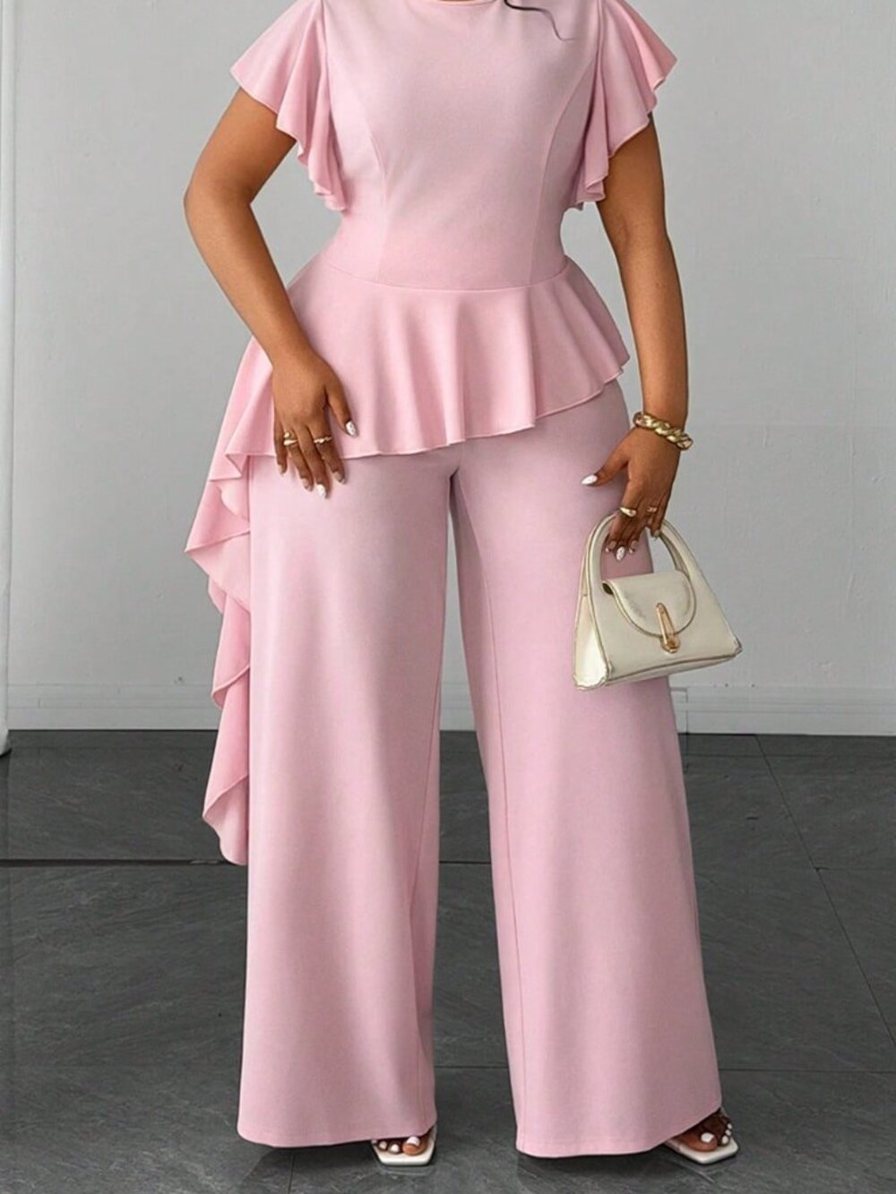 Baby Pink Elegant Women's Plus Size Round Neck Top And Wide Leg Pants Set - Picture 4 of 7